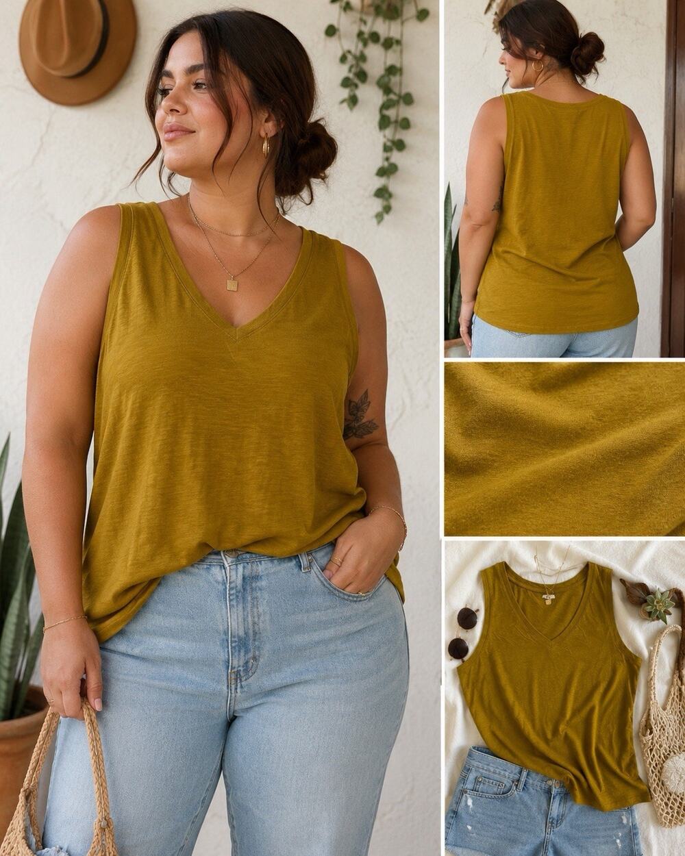 Madewell Womens 2X Mustard Yellow V-Neck Tank Top Organic Cotton Sleeveless